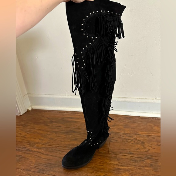 Over-the-Knee Black Leather/Suede Fringe Studded Cowboy Boots, Sz: 7 - Picture 3 of 10